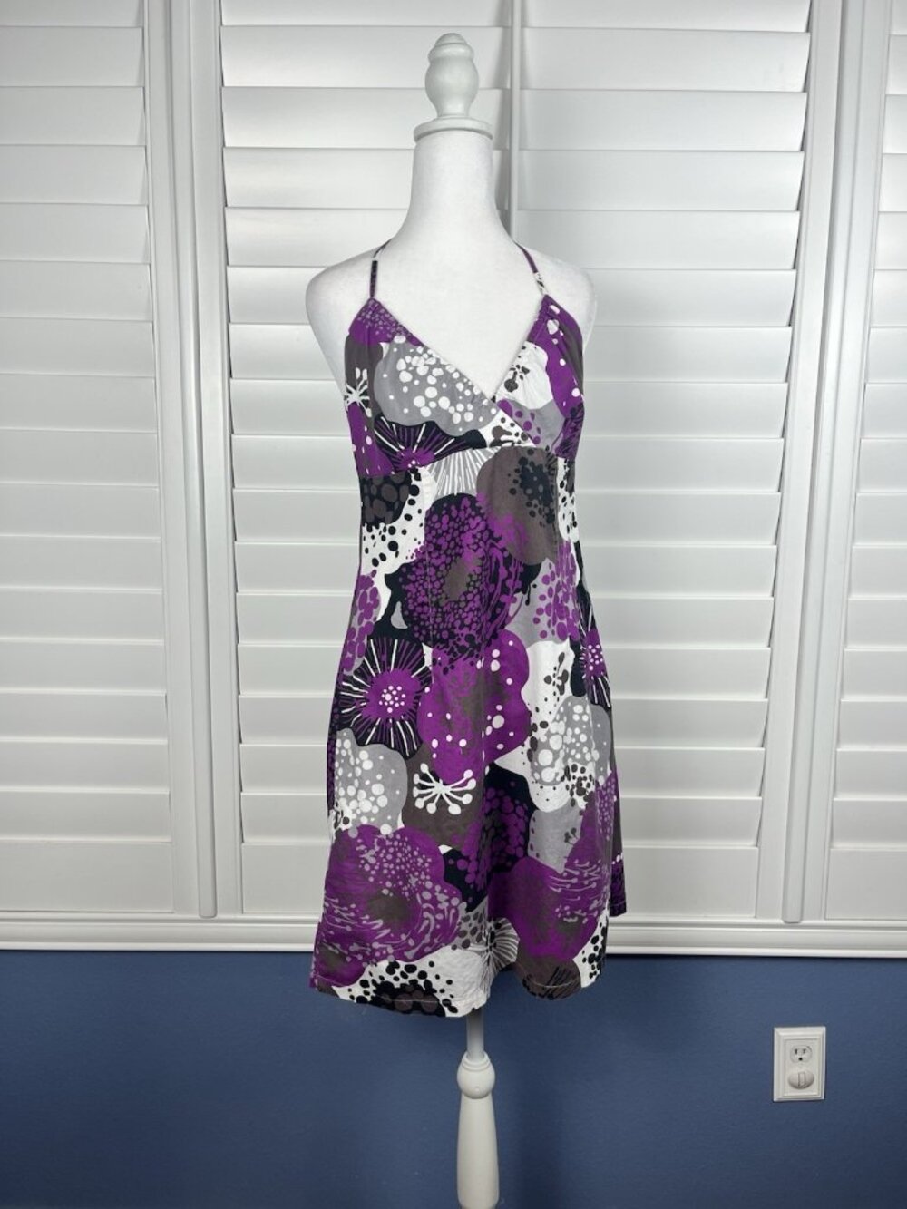 H&M Y2K Purple Abstract Floral Halter Midi Dress Cotton US 10